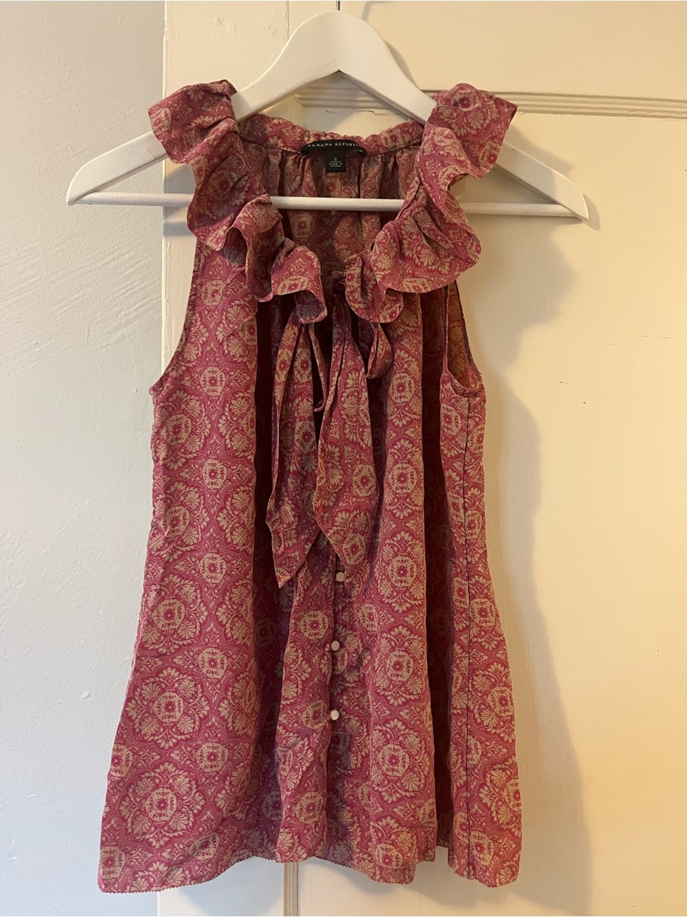 Banana Republic Silk Medallion Print Ruffle Tie-Neck Top - Pink/Cream